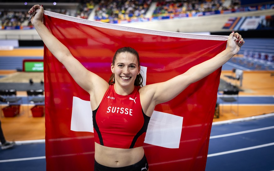 Gold medalist Angelica Moser of Switzerland in pole vault celebrates after winning the pole vault competition during the European Athletics Indoor Championships at the Omnisport arena in Apeldoorn, Ne ...