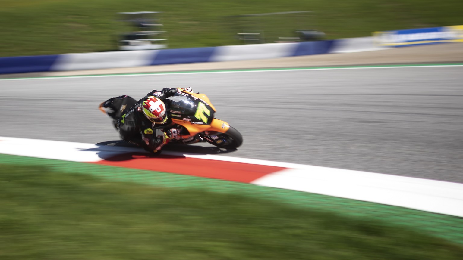 epa08617941 Swiss Moto2 rider Dominique Aegerter of NTS RW Racing GP in action during third free practice session of the Motorcycling Grand Prix of Styria at the Red Bull Ring in Spielberg, Austria, 2 ...