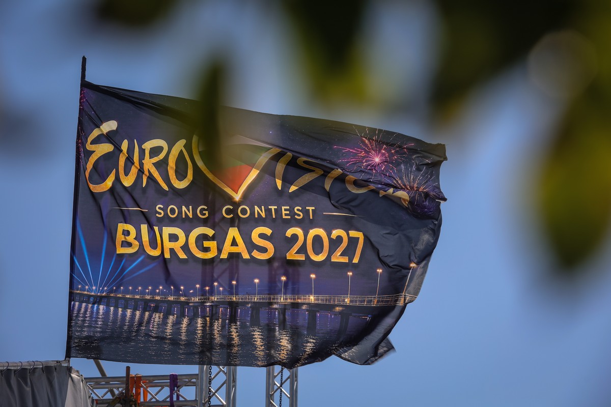 FILE - An Eurovision flag flies at the port of Burgas, on Bulgaria's Black Sea coast, which will host the 71st Eurovision Song Contest in 2027, Friday, Aug. 14, 2026. (AP Photo/Valentina Petrova, ...