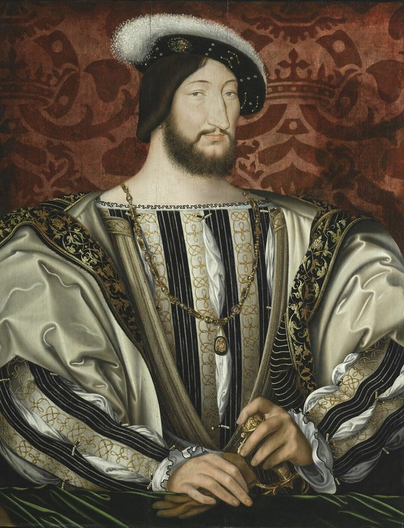 Der französische König Franz I. (1494-1547) in einem Porträt von Jean Clouet.
https://collections.louvre.fr/en/ark:/53355/cl010062204