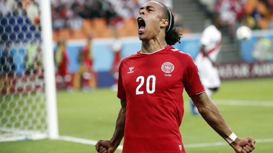 epa06814015 Yussuf Poulsen of Denmark celebrates scoring the 1-0 during the FIFA World Cup 2018 group C preliminary round soccer match between Peru and Denmark in Saransk, Russia, 16 June 2018.

(RE ...