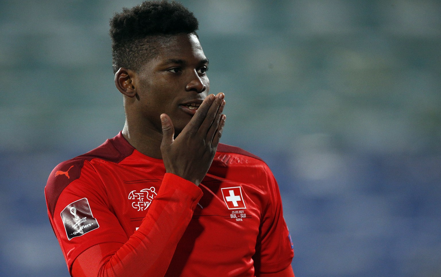 Switzerland &#039;s Breel Embolo celebrates after scoring a goal during the World Cup 2022 group C qualifying soccer match between Bulgaria and Switzerland at Vassil Levski stadium, in Sofia, Thursday ...