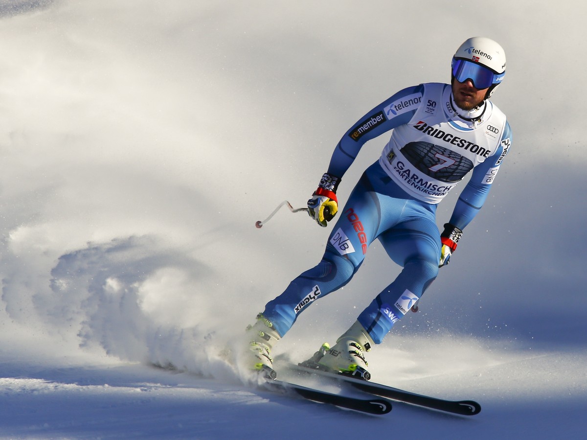 Norway's Kjetil Jansrud arrives the the finish area of an alpine ski, men's World Cup downhill race, in Garmisch Partenkirchen, Germany, Friday, Jan. 27, 2017. (AP Photo/Giovanni Auletta)