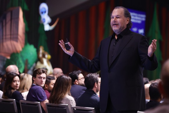 epa11610199 Salesforce CEO Marc Benioff keynotes the start of the annual Dreamforce conference at the Moscone Center in San Francisco, California, USA, 17 September 2024. Salesforce, San Francisco&#03 ...