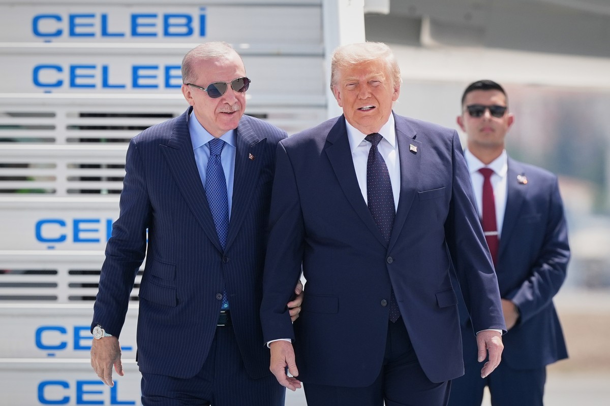 President Donald Trump walks with Turkish President Recep Tayyip Erdogan, left, upon arriving for the NATO summit in Ankara, Turkey, Tuesday, July 7, 2026. (AP Photo/Alex Brandon)
Donald Trump,Recep T ...