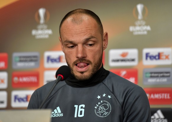 Ajax player Heiko Westermann reacts to the media at a press conference prior the Europa League quarterfinal second leg soccer match between FC Schalke 04 and Ajax Amsterdam in Gelsenkirchen, Germany,  ...