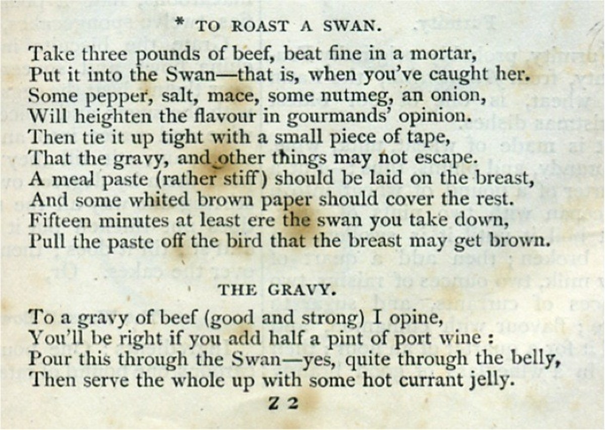 To roast a swan Schwan-Rezept, 1870 kochen essen food history geschichte http://foodhistorjottings.blogspot.com/2013/08/a-swan-supper-on-thames.html