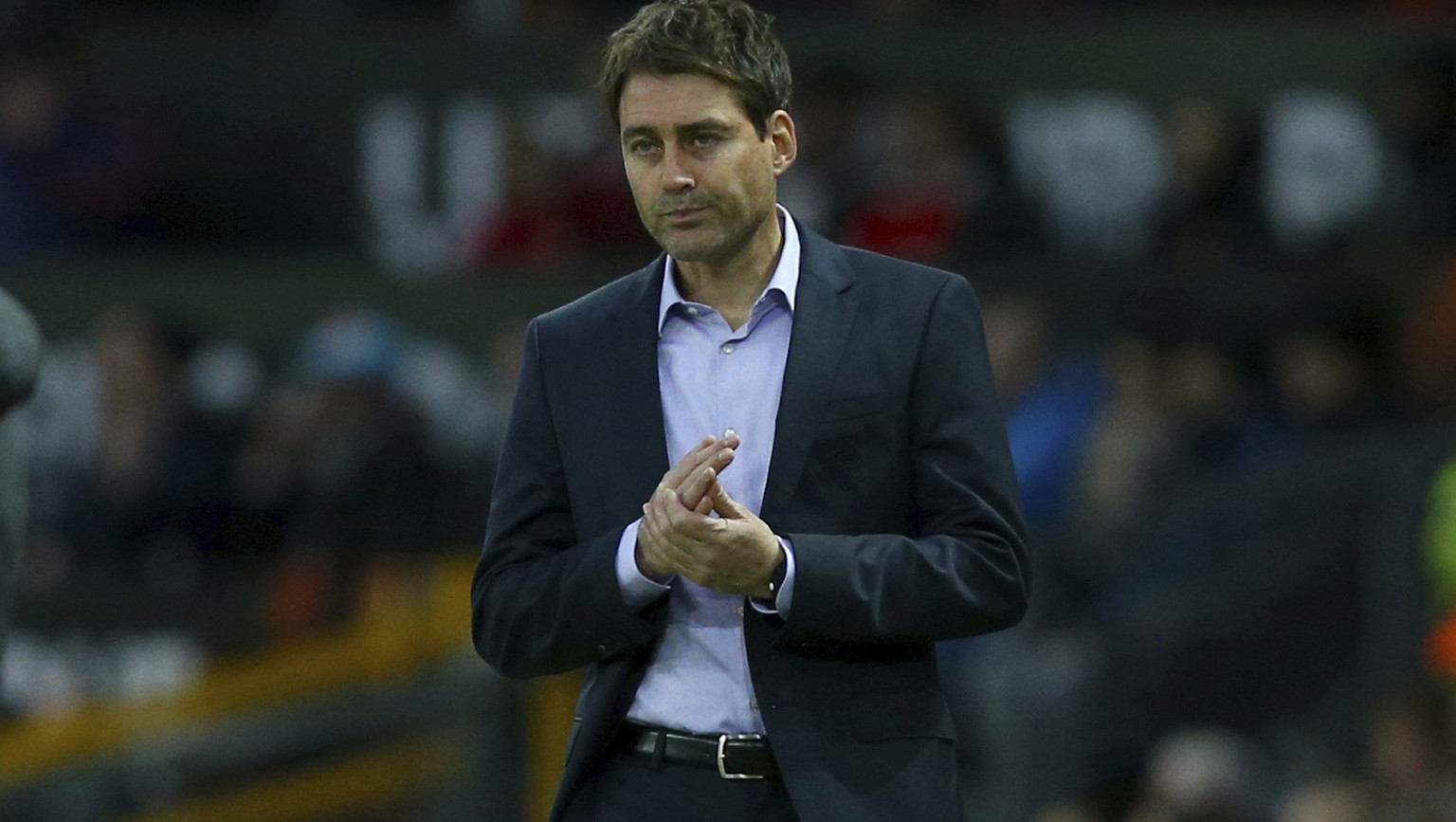 Anderlecht&#039;s head coach Rene Weiler watches during the Europa League quarterfinal second leg soccer match between Manchester United and Anderlecht at Old Trafford stadium, in Manchester, England, ...