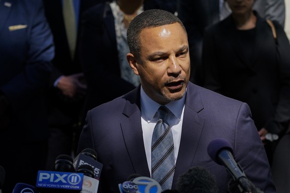 U.S. Attorney Breon Peace speaks to members of the media outside federal court, Wednesday, June 29, 2022, in the Brooklyn borough of New York. R&amp;B star R. Kelly was sentenced to 30 years in prison ...