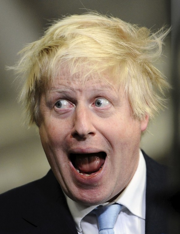 FILE - In this May 8, 2015 file photo Boris Johnson just after winning the Uxbridge and South Ruislip seat in Parliament. (Andrew Matthews/PA via AP, File)