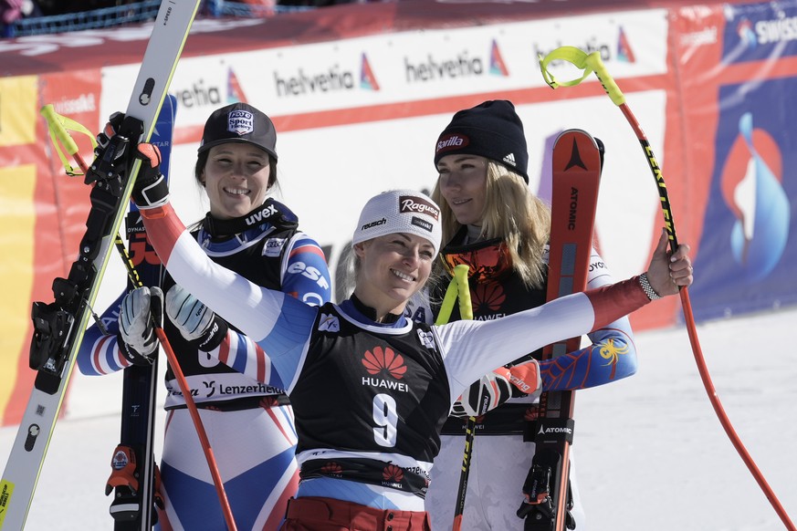 From left, winner France&#039;s Romane Miradoli, third placed Switzerland&#039;s Lara Gut Behrami and second placed United States&#039; Mikaela Shiffrin celebrate in the finish area of an alpine ski,  ...