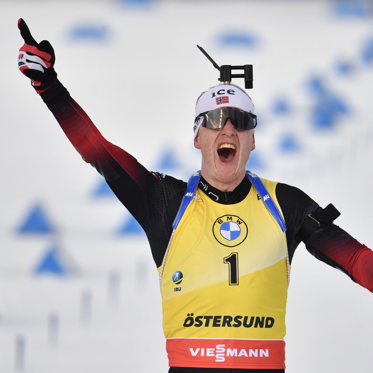 epa09088423 Third placed Johannes Thingnes Boe of Norway celebrates while crossing the finish line during the Men's 15km Mass Start Competition at the IBU World Cup Biathlon event in Ostersund, S ...