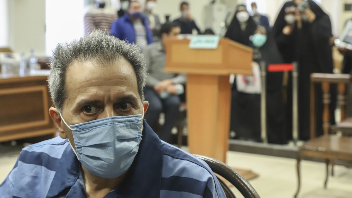 FILE - Iranian-German national and U.S. resident Jamshid Sharmahd attends his trial at the Revolutionary Court, in Tehran, Iran, Sunday, Feb. 6, 2022. Sharmahd, the senior member of a U.S.-based Irani ...