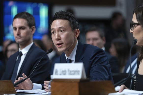 TikTok CEO Shou Zi Chew speaks during a Senate Judiciary Committee hearing with other social media platform heads on Capitol Hill in Washington, Wednesday, Jan. 31, 2024, to discuss child safety onlin ...