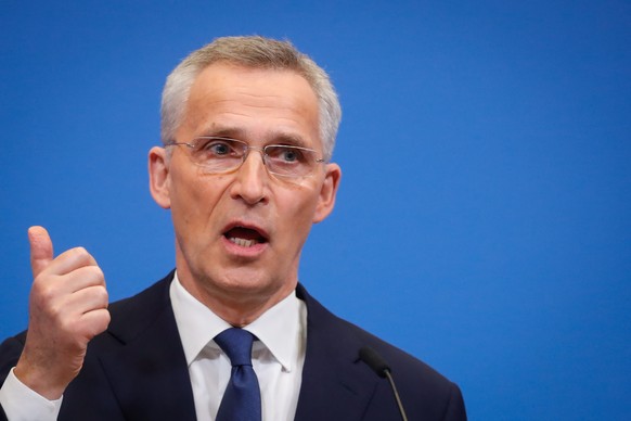 epa09846295 NATO Secretary General Jens Stoltenberg gives a press conference at the end of an extraordinary NATO Summit at the Alliance headquarters in Brussels, Belgium, 24 March 2022. EPA/STEPHANIE  ...