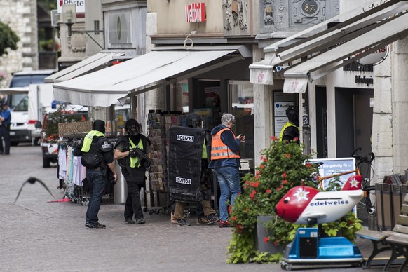 The police shut down the old town of Schaffhausen in Switzerland, while the police searches for an unknown man, on Monday, July 24, 2017. According to the police at least five people were injured two ...