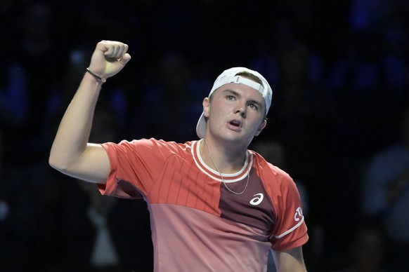 Switzerland&#039;s Dominic Stricker cheers after winning his round of sixteen match against Norway&#039;s Casper Ruud at the Swiss Indoors tennis tournament at the St. Jakobshalle in Basel, Switzerlan ...