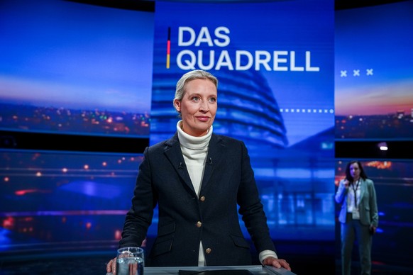 epa11901917 Alternative for Germany (AfD) party co-leader and chancellor candidate Alice Weidel takes part in the TV debate &#039;Quadrell&#039; on the German federal election campaign, in Berlin, Ger ...