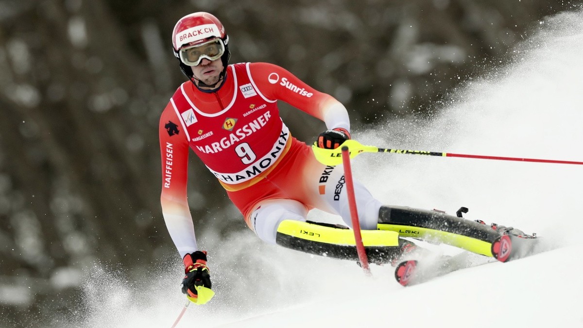 epa10446489 Ramon Zenhaeusern of Switzerland in action during the first run of the Men's Slalom race at the FIS Alpine Skiing World Cup in Chamonix, France, 04 February 2023. EPA/Guillaume Horcaj ...