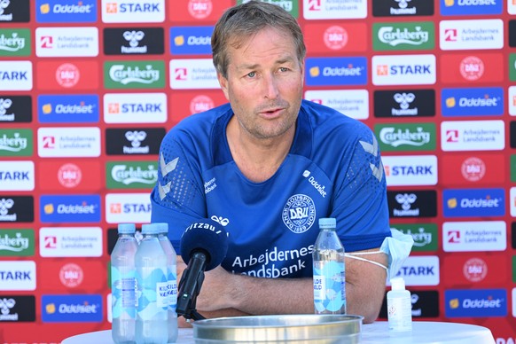 epa09307703 Danish national team head coach Kasper Hjulmand attends a press conference in the national team camp in Elsinore, Denmark, 28 June 2021. Denmark defeated Wales on 26 June 2021 in a round o ...