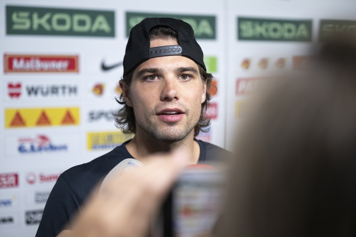 Switzerland's injured hockey player Kevin Fiala speaks during a Mediapoint at the Swiss Life Arena ice hockey stadium, in Zurich, Switzerland, Saturday, May 23, 2026. (KEYSTONE/Andreas Becker)