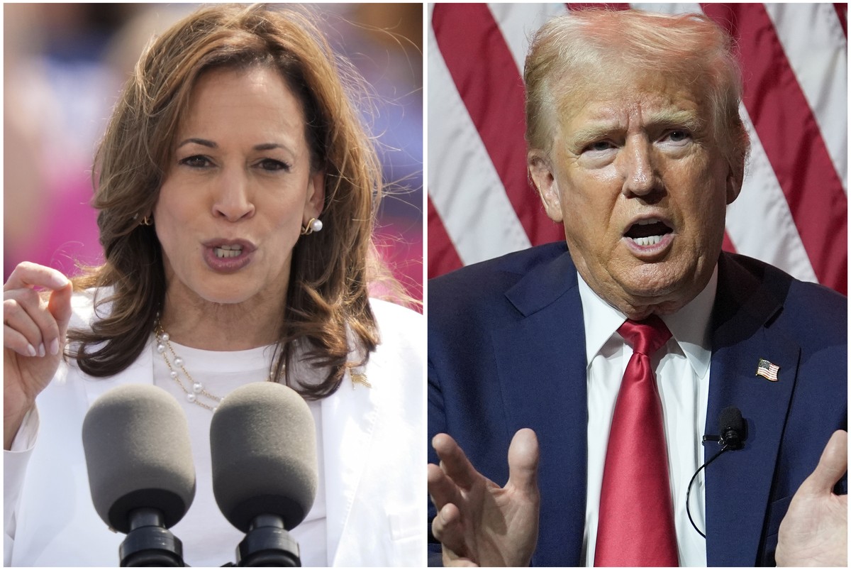 This combination of photos shows Vice President Kamala Harris, left, on Aug. 7, 2024 and Republican presidential candidate former President Donald Trump on July 31, 2024. (AP Photo/Charles Rex Arbogas ...