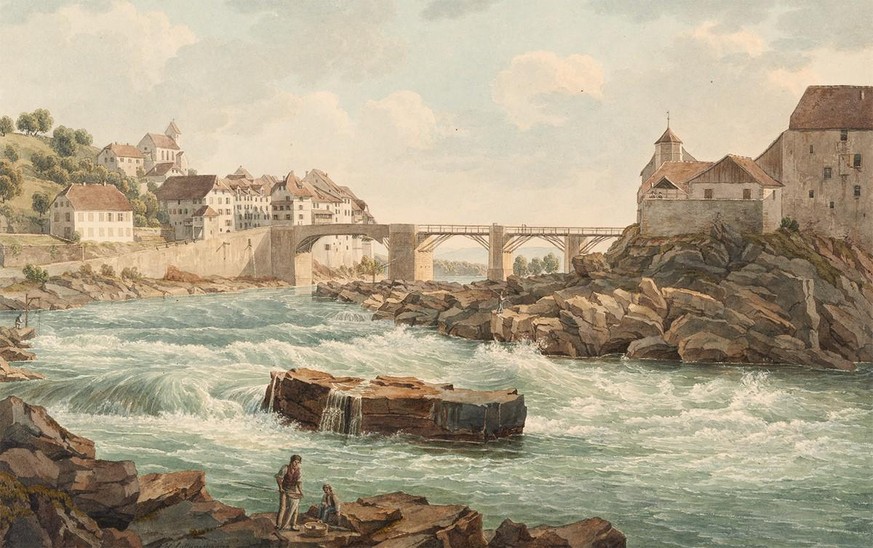 Laufenburg, um 1820, links das deutsche Ufer, rechts das aargauische. 1796 steckten die Franzosen die ursprüngliche Brücke über den Rhein in Brand. Erst 1810 wurde die Brücke auf den alten Pfeilern wi ...