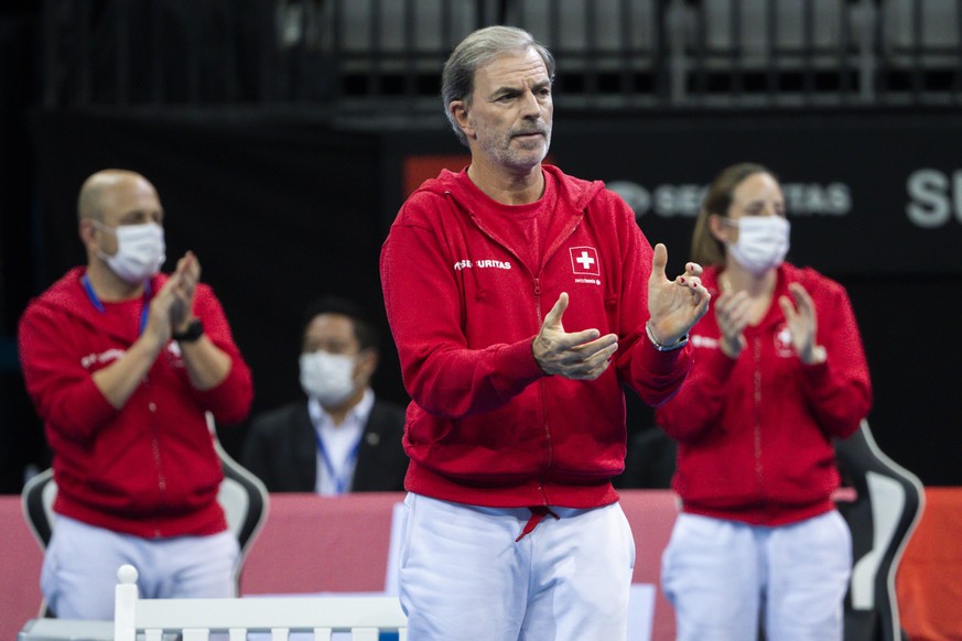 Switzerland&#039;s team captain Heinz Guenthardt reacts during Belinda Bencic&#039;s Billie Jean King Cup semi-final tennis match against Australia&#039;s Ajla Tomljanovic in Prague, Czech Republic, F ...