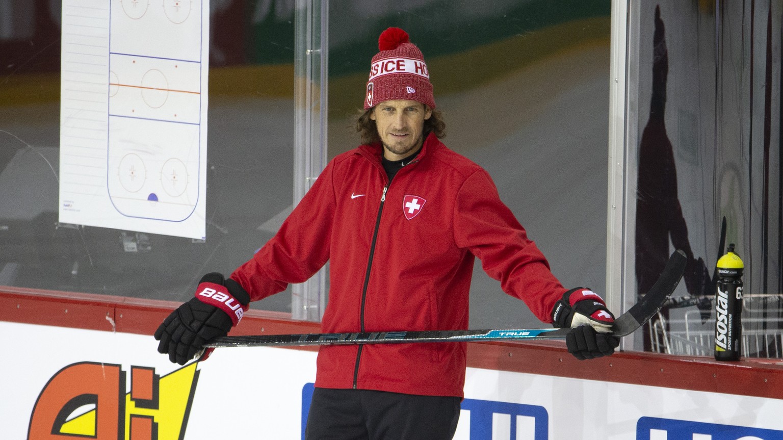 Patrick Fischer, head coach of Switzerland national ice hockey team, looks his players, during a Switzerland training session, at the IIHF 2021 World Championship, at the Olympic Sports Center, in Rig ...