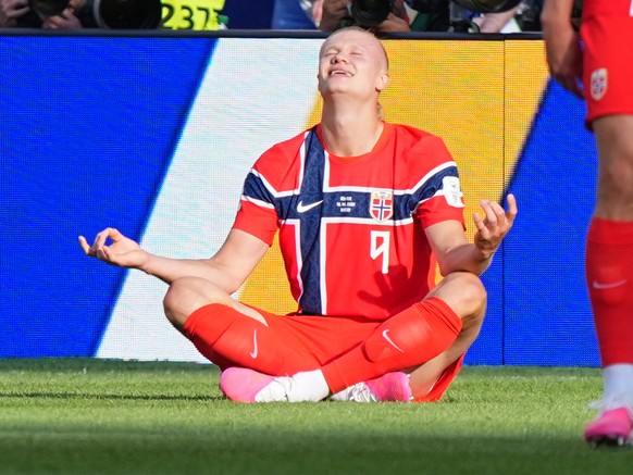 Norway's Erling Haaland celebrates scoring his side's opening goal during the World Cup Group I soccer match between Iraq and Norway in Foxborough, Mass., near Boston, Tuesday, June 16, 2026 ...