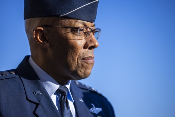 epa11914789 (FILE) - US Chairman of the Joint Chiefs of Staff, Charles Q. Brown Jr. listens as Secretary of Defense Pete Hegseth (not pictured) responds to a question from the news media as he arrives ...