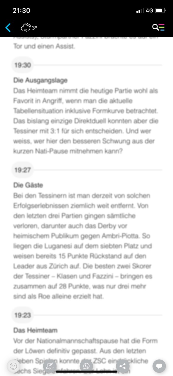 Die National League ist wieder zurück – die ZSC Lions spielen Lugano an die Wand
Warum sehe ich den Liveticker total verschwommen? Der Rest ist scharf. IT Problem oder muss ich zum Augenarzt😉