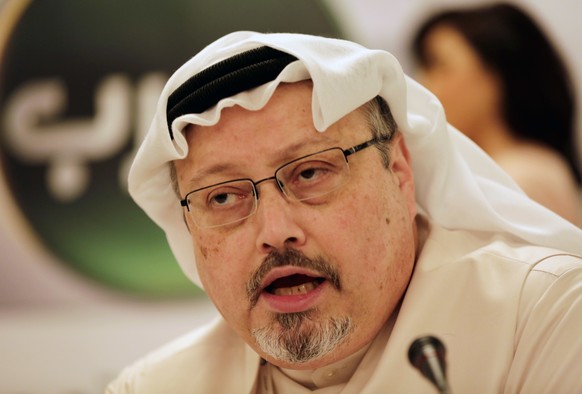 FILE - In this Feb. 1, 2015, file photo, Saudi journalist Jamal Khashoggi speaks during a press conference in Manama, Bahrain. The Washington Post said Wednesday, Oct. 3, 2018, it was concerned for th ...