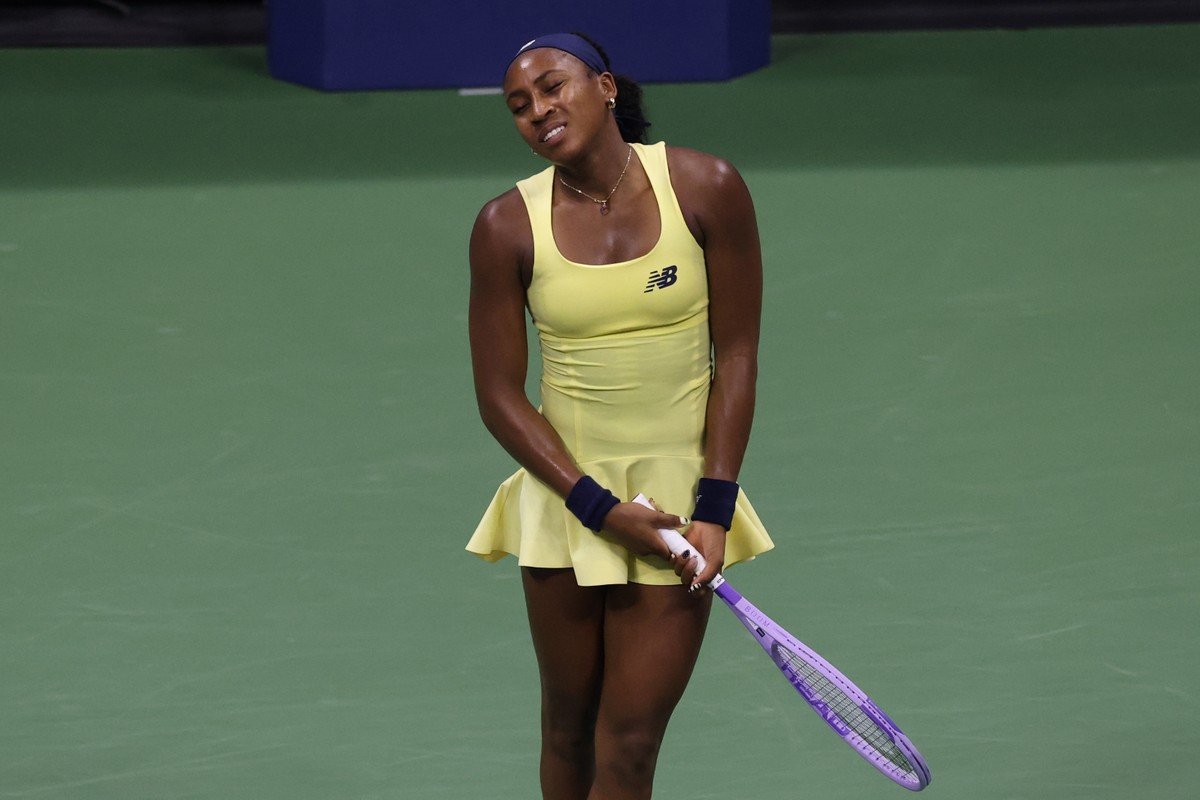 epa13230664 Coco Gauff of the USA reacts while in action against Elena Rybakina of Kazakhstan during their Women's Singles Semifinals match of the US Open Tennis Championships at the USTA Billie  ...