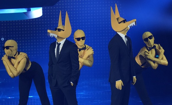 Subwoolfer from Norway singing Give The Wolf A Banana performs during rehearsals at the Eurovision Song Contest in Turin, Italy, Monday, May 9, 2022. (AP Photo/Luca Bruno)