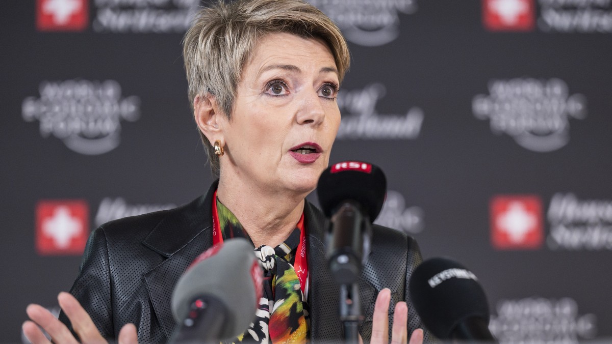 Swiss federal councillor Karin Keller-Sutter speaks to the media during a press conference during the 53rd annual meeting of the World Economic Forum, WEF, in Davos, Switzerland, Wednesday, January 18 ...