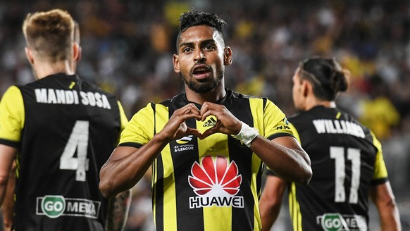 15th February 2019, Eden Park, Wellington New Zealand; A-League football, Wellington Phoenix versus Melbourne Victory; Roy Krishna celebrates his goal for 1-0 in minute 57 PUBLICATIONxINxGERxSUIxAUTxH ...