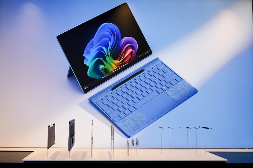 A Microsoft Surface Pro is displayed in an exploded view following a showcase event of the company&#039;s AI assistant Copilot ahead of the annual Build developer conference at Microsoft headquarters, ...
