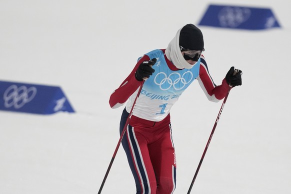 Norway&#039;s Jarl Magnus Riiber competes during the cross-country skiing portion of the individual Gundersen large hill/10km competition at the 2022 Winter Olympics, Tuesday, Feb. 15, 2022, in Zhangj ...