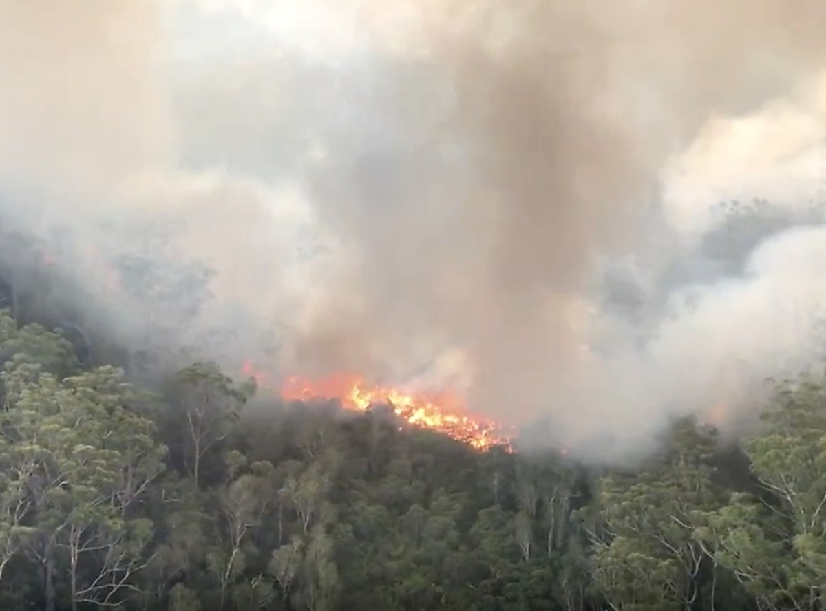 A supplied image obtained on Friday, December 4, 2020, of an aerial screen grab image of the K'gari (Fraser Island) fire captured on Wednesday, December 02, 2020. Tourists have been ordered to st ...
