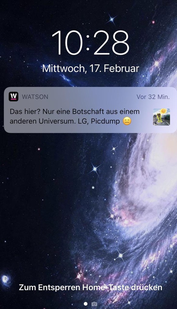 Das hier? Nur eine Botschaft aus einem anderen Universum. LG, Picdump\nder heutige push, passte perfekt zu meinem hintergrundbild ð¤©