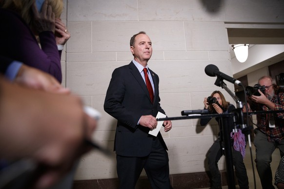 epa07905589 Democratic Representative from California and Chairman of the Permanent Select Committee on Intelligence Adam Schiff (L) delivers remarks to reporters at the US Capitol on Capitol Hill in  ...