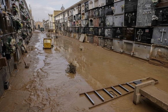 epa12489782 FILE - A view of the damage at the cemetery in the flood-hit municipality of Catarroja, Valencia province, Spain, 06 November 2024 (reissued 29 October 2025). The floods, triggered by the  ...
