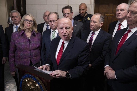 epa10375207 Republican Representative of Texas and Ranking Member of the House Ways and Means Committee Kevin Brady (C) delivers remarks to members of the news media beside fellow Republican members o ...