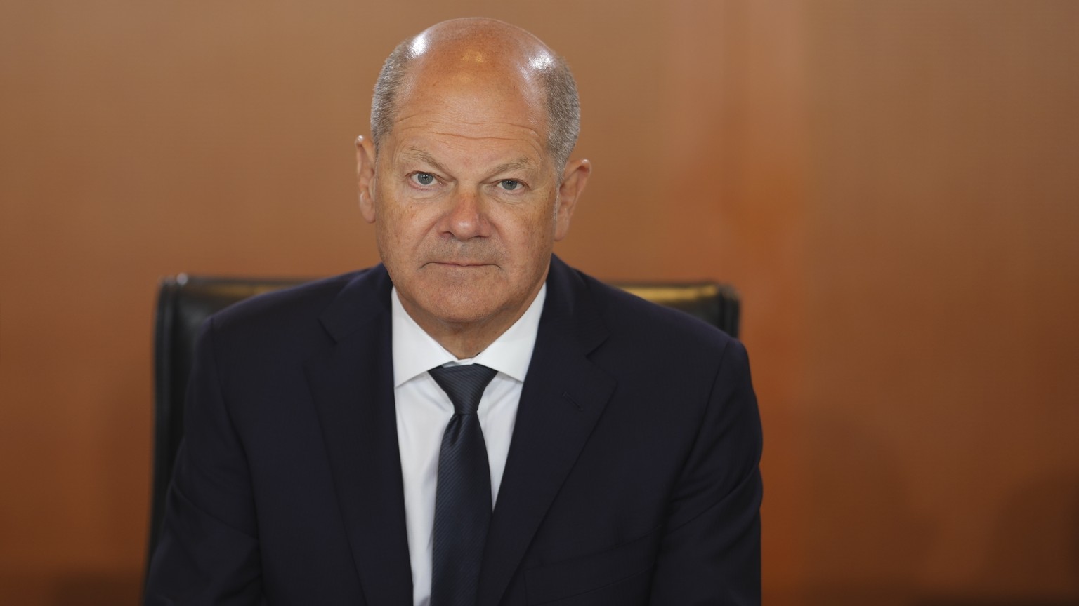 German Chancellor Olaf Scholz attends the weekly cabinet meeting at the chancellery in Berlin, Germany, Wednesday, May 29, 2024. (AP Photo/Markus Schreiber)