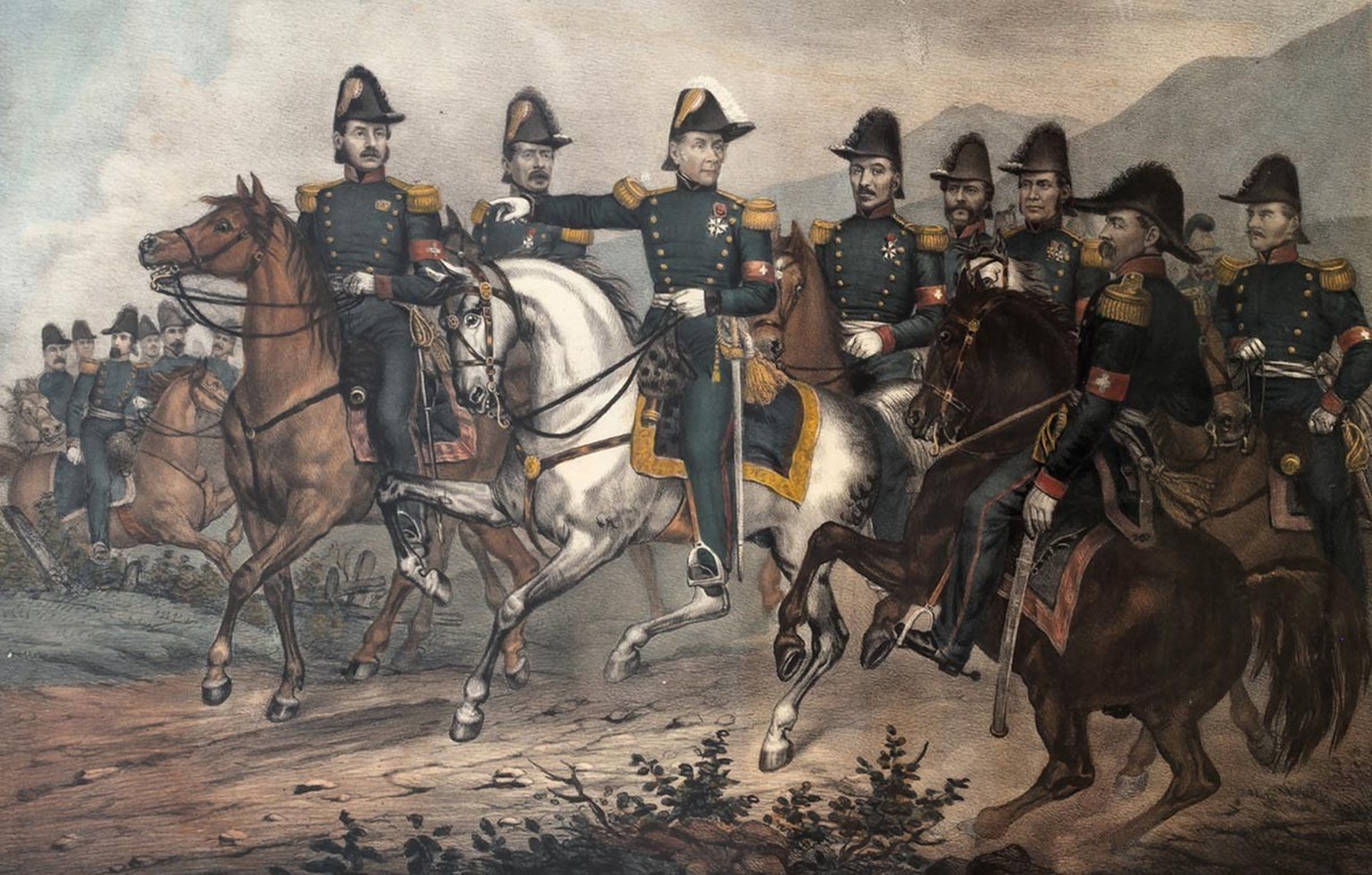 Lagebesprechung von General Dufour (Mitte) mit seinem Stab. Mit dabei sind auch Louis Rilliet-de Constant (Vierter von links) und Peter Ludwig von Donatz (Sechster von links).
https://de.m.wikipedia.o ...
