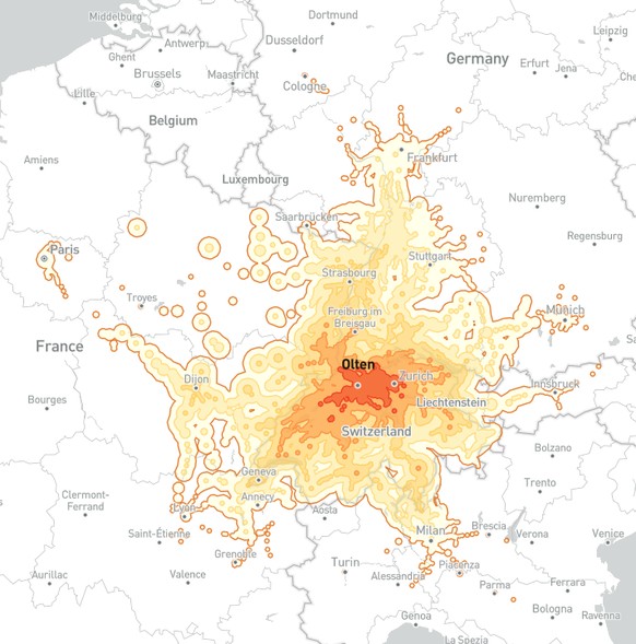 Orte, die von Olten mit dem Zug in fünf Stunden erreicht werden können.