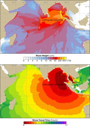 Wellenhöhe (oben) und Ausbreitung des Tsunamis 2004.&nbsp;