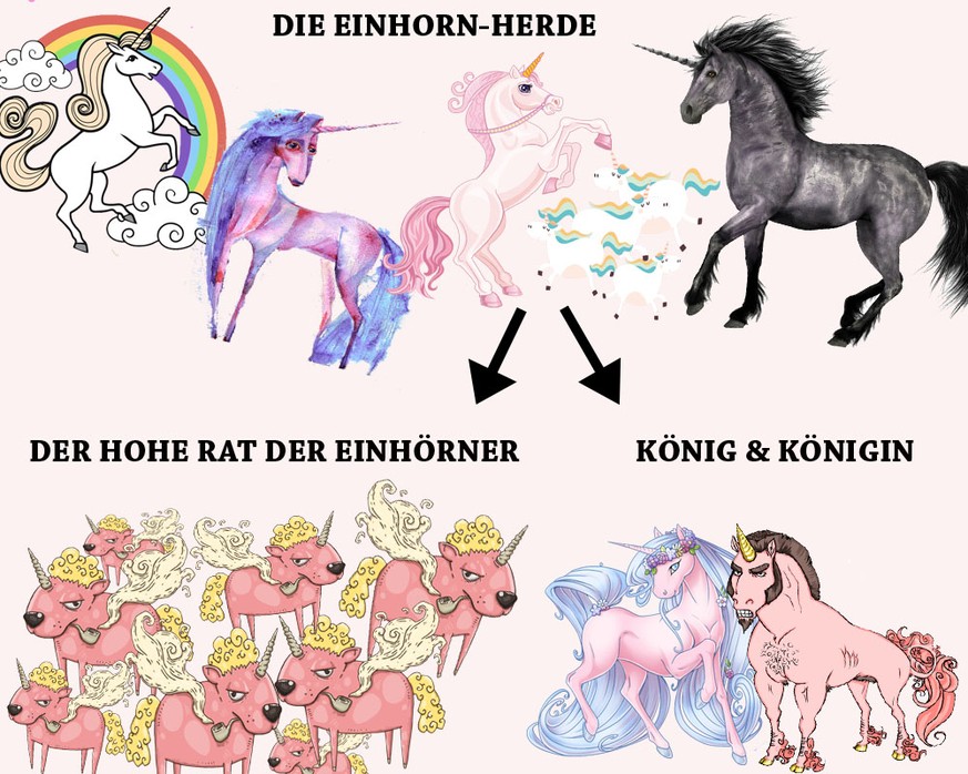 Aus den Einhornherden rekrutieren sich die zwölf ältesten Einhörner, die zusammen den Hohen Rat der Einhörner stellen. Und hoch oben über allen thronen der König und die Königin. Woher Melanie das all ...