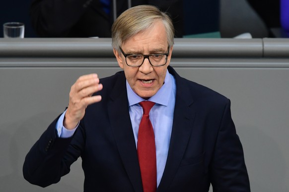 epa09138706 The Left party (Die Linke) faction co-chairman in the German parliament Bundestag Dietmar Bartsch speaks during a session of the German parliament Bundestag in Berlin, Germany, 16 April 20 ...